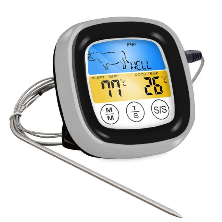 Kitchen Food Digital Display Touch Field Barbecue Thermometer Black with Silver Frame