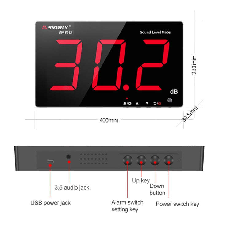 SNDWAY Wall-mounted 30~130dB Large Screen Digital Display Noise Decibel Monitoring Testers, Speci...