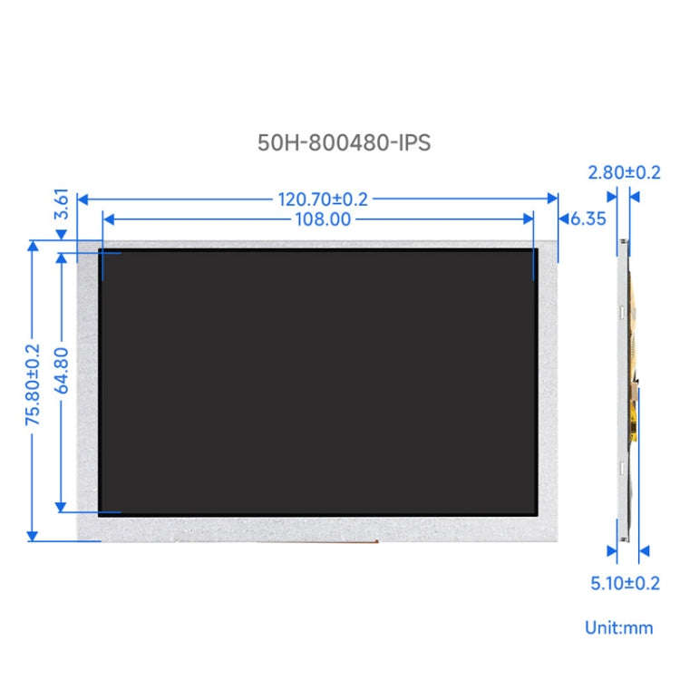 Waveshare 5 Inch DSI Display, 800 × 480 Pixel, IPS Display Panel, Style:No Touch