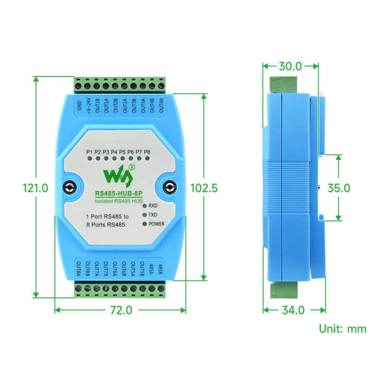 Waveshare RS485-HUB-8P Industrial-grade Isolated 8-ch RS485 Hub, Rail-mount Support, Wide Baud Ra...