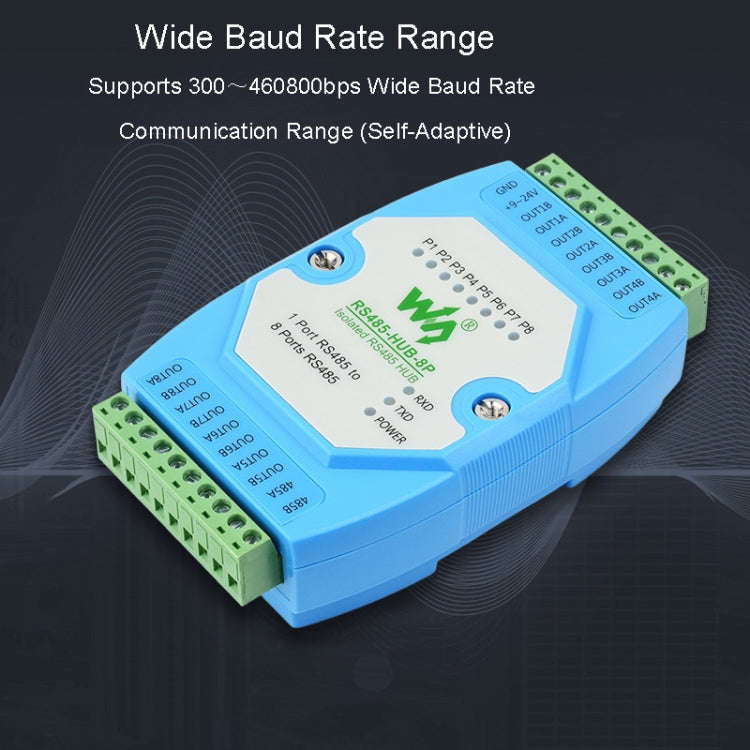 Waveshare RS485-HUB-8P Industrial-grade Isolated 8-ch RS485 Hub, Rail-mount Support, Wide Baud Ra...