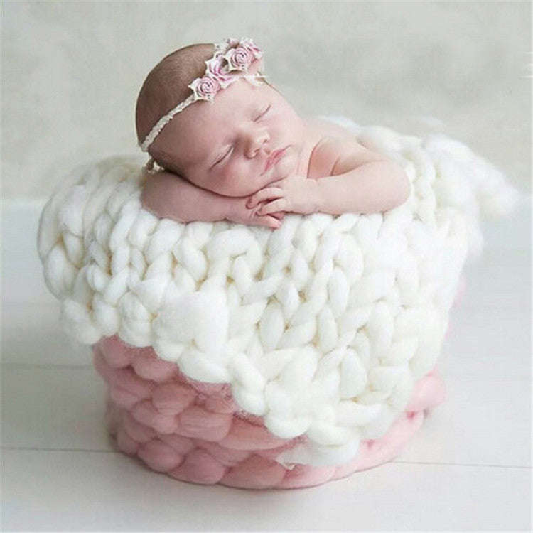 50x50cm Soft Newborn Photography Prop Chunky Knit Blanket  for 100 Days Milestone(White)