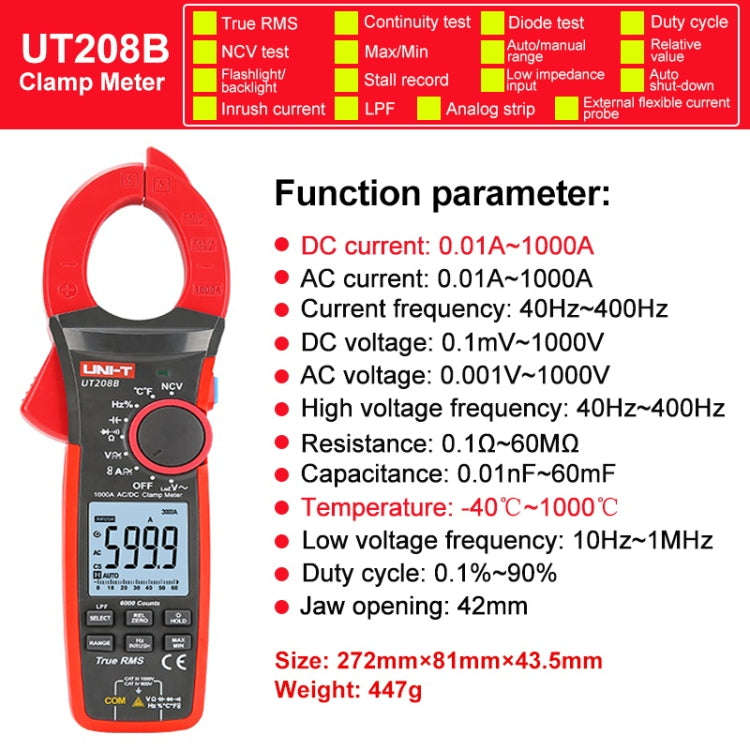 UNI-T UT208B 1000A 42mm Jaw Size Digital Clamp Meter AC DC Voltage Detector