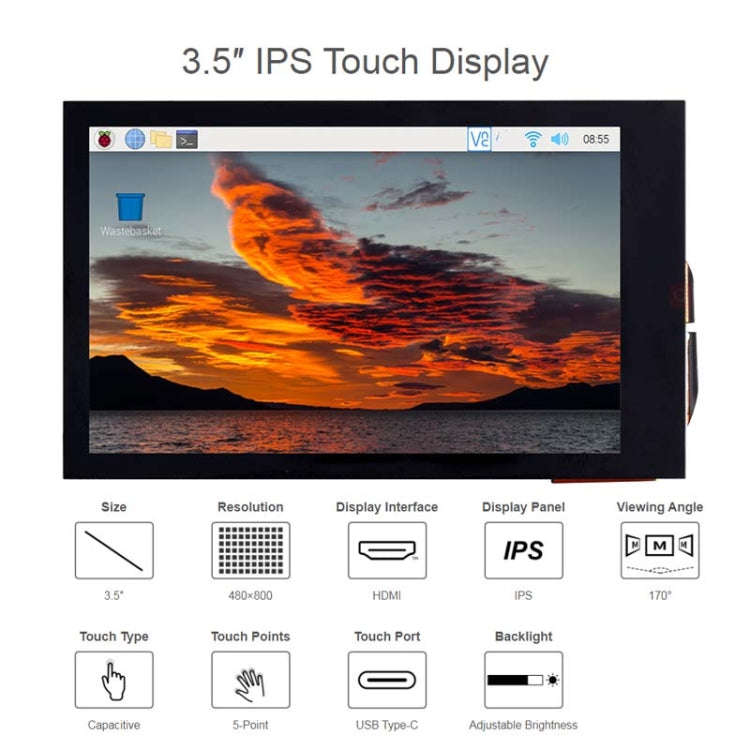 Waveshare 3.5inch 480x800 IPS Capacitive Touch LCD Display For Raspberry Pi ,HDMI Interface