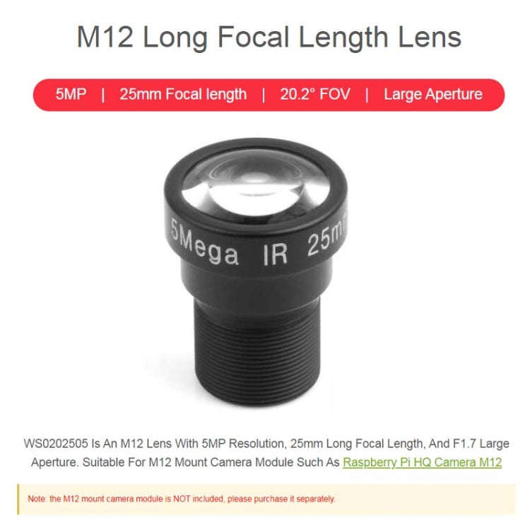 Waveshare WS0202505 For Raspberry Pi M12 Camera Lens ,5MP, 25mm Focal Length,Large Aperture,24054