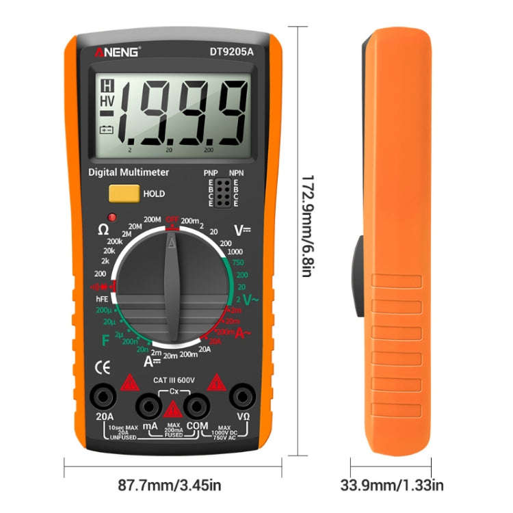 ANENG Automatic High-Precision Intelligent Digital Multimeter, Model:DT9205A HOLD Key(Red)
