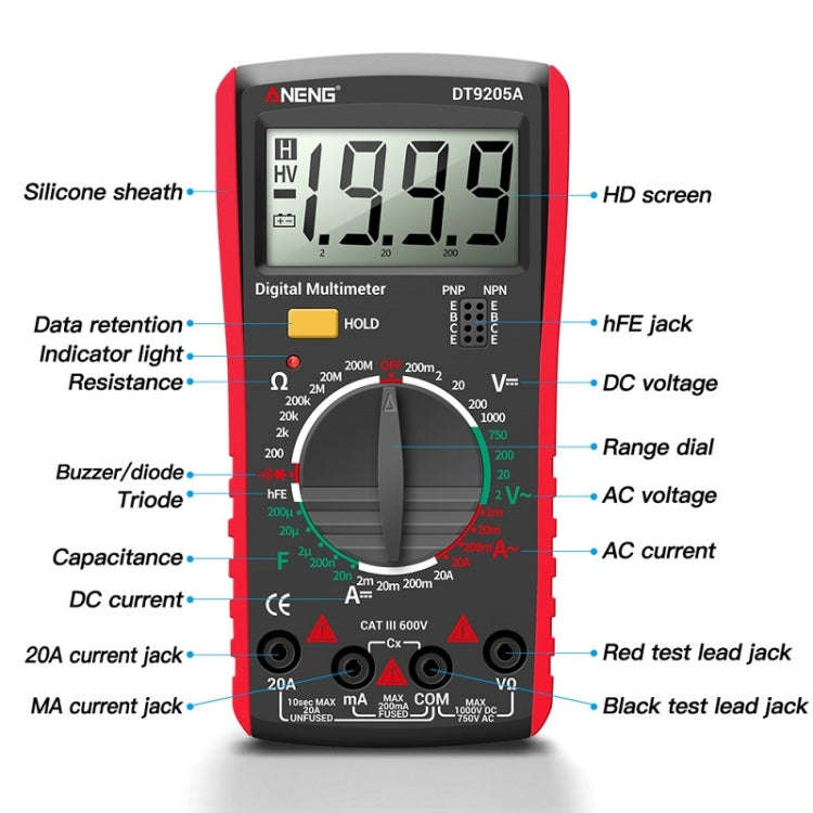 ANENG Automatic High-Precision Intelligent Digital Multimeter, Model:DT9205A HOLD Key(Red)