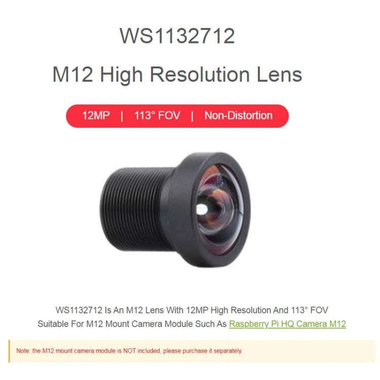 Waveshare WS1132712 For Raspberry Pi M12 High Resolution Lens, 12MP, 113 Degree FOV, 2.7mm Focal ...