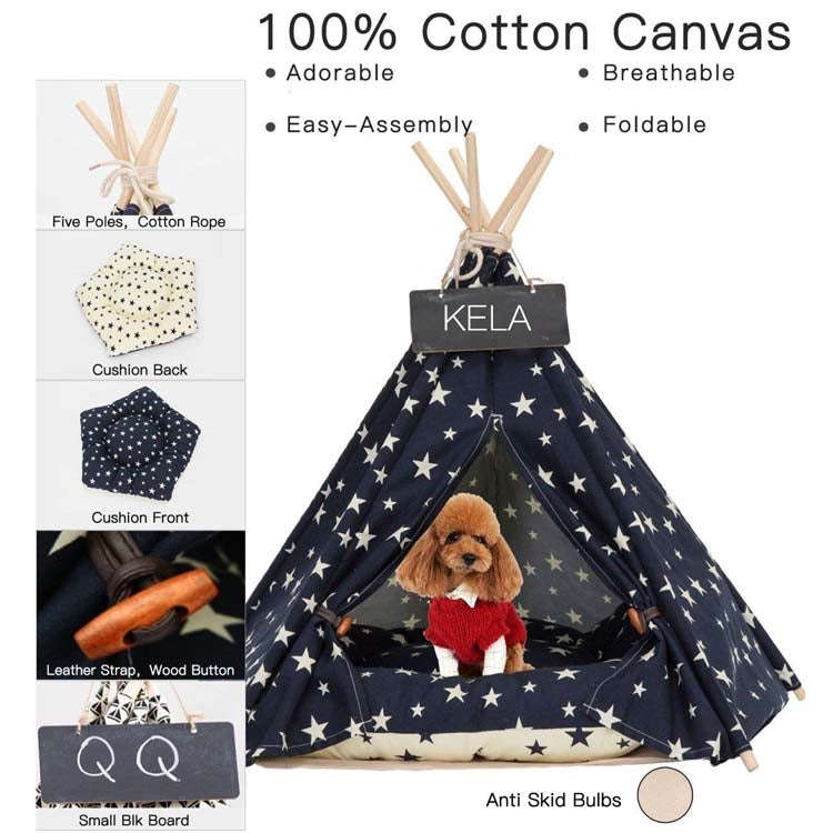 Pet Kennel Corgi Small and Medium Dog Pet Tent, Specification: Large 60×60×70cm(Navy Beige Star...