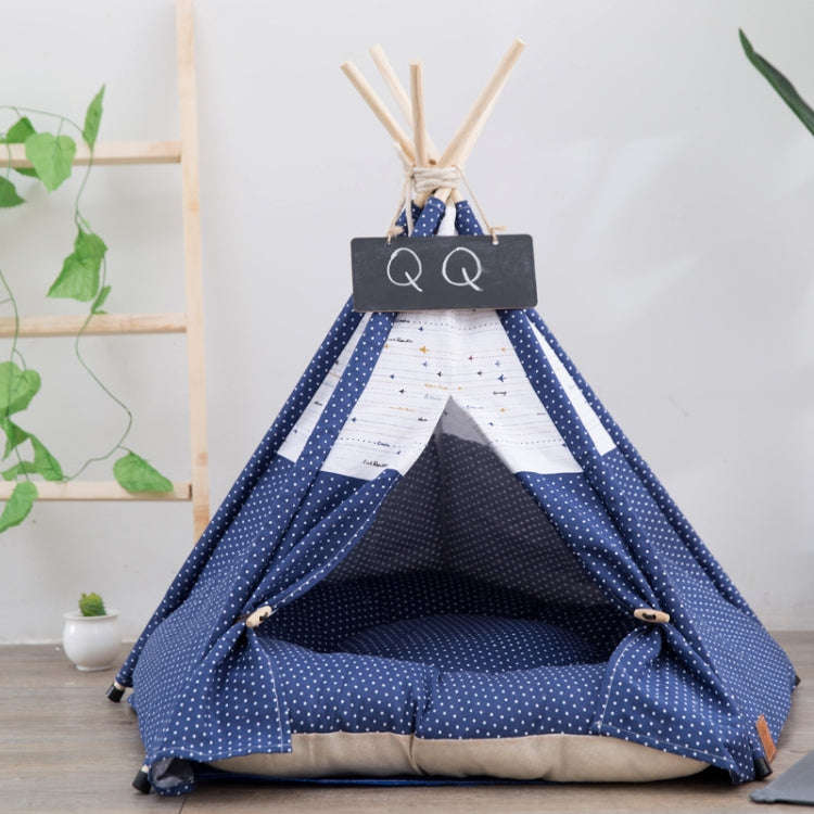 Cotton Canvas Pet Tent Cat and Dog Bed with Cushion, Specification: Large 60×60×70cm(Navy Blue ...