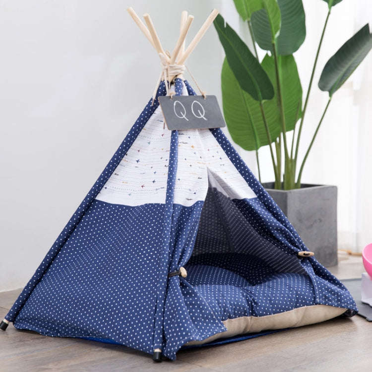 Cotton Canvas Pet Tent Cat and Dog Bed with Cushion, Specification: Large 60×60×70cm(Navy Blue ...