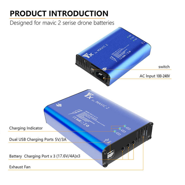 YX For DJI MAVIC 2  Aluminum Alloy Charger with Switch, Plug Type:US Plug