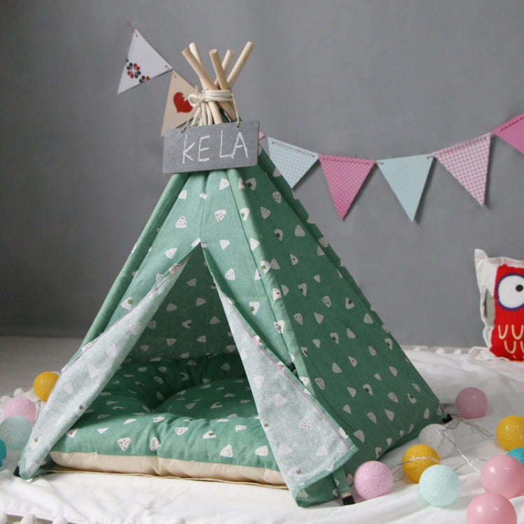 Cotton Canvas Pet Tent Cat and Dog Bed with Cushion, Specification: Small 40×40×50cm(Green Tria...