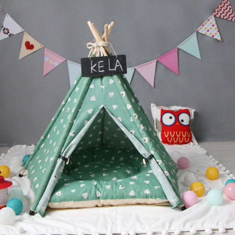 Cotton Canvas Pet Tent Cat and Dog Bed with Cushion, Specification: Small 40×40×50cm(Green Tria...