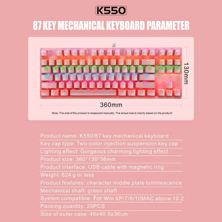LEAVEN K550 87 Keys Green Shaft Gaming Athletic Office Notebook Punk Mechanical Keyboard, Cable L...