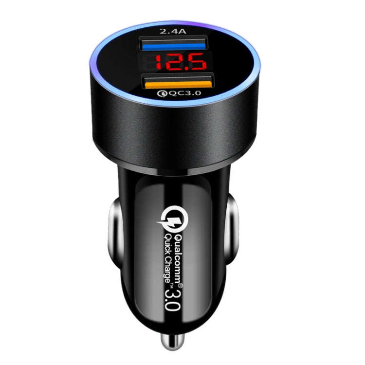 2 PCS Aluminum Ring Display Car Charger  QC3.0+2.4A Aluminum Alloy Multi-function Halo Digital Di...