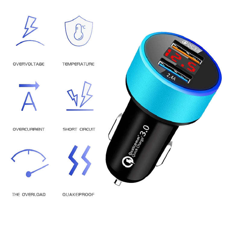 2 PCS Aluminum Ring Display Car Charger  QC3.0+2.4A Aluminum Alloy Multi-function Halo Digital Di...