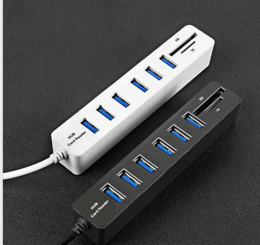 Multi USB 2.0 Hub USB Splitter High Speed 6 Ports with TF SD Card Reader(Black)