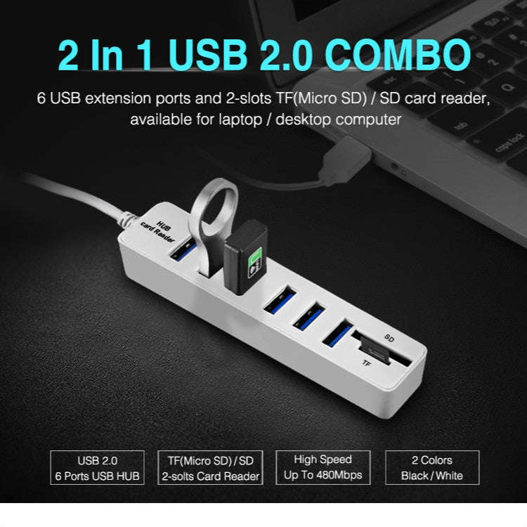 Multi USB 2.0 Hub USB Splitter High Speed 6 Ports with TF SD Card Reader(Black)
