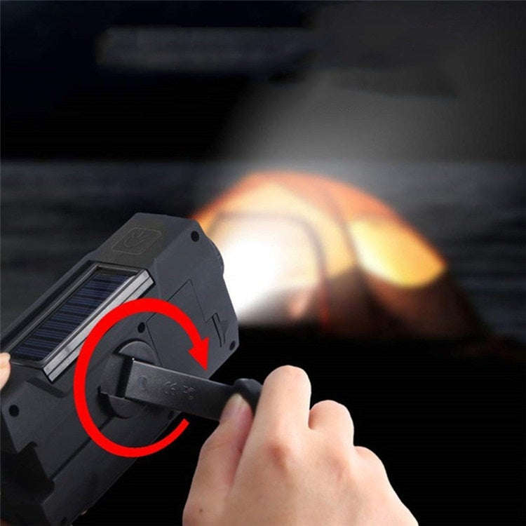 Multifunctional Hand Crank Solar Power LED Flashlight Full Band FM Radio Desk Lamp Alarm, Style:U...