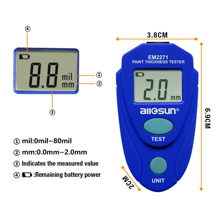 EM2271 Mini Digital Display Car Paint Coating Thickness Gauge Tester