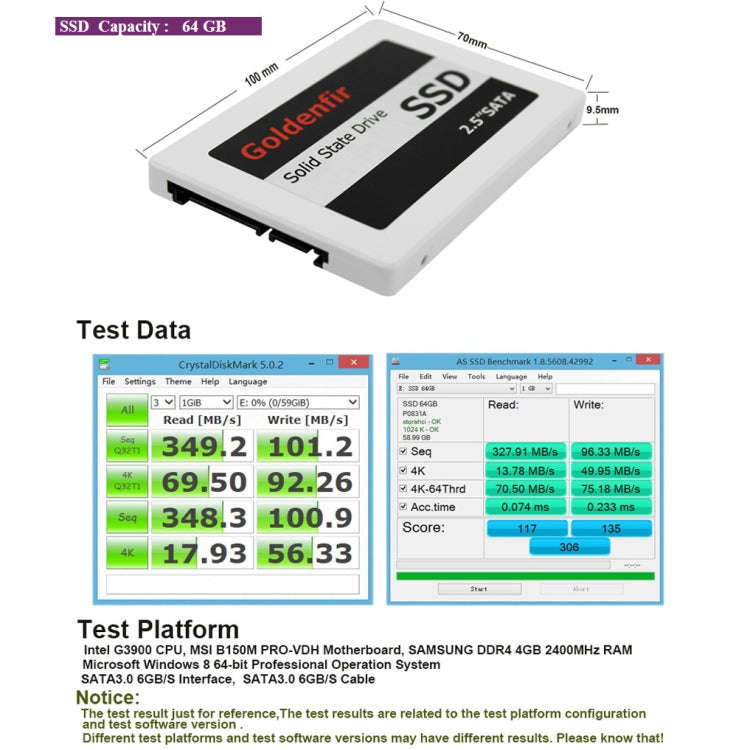 Goldenfir SSD 2.5 inch SATA Hard Drive Disk Disc Solid State Disk, Capacity: 64GB
