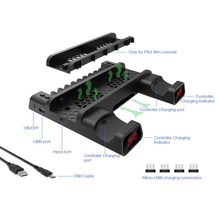 DOBE For PS4 / SLIM / PRO Multi-function Cooling Base Cooling Fan + Disc Rack + Dual Charge with ...