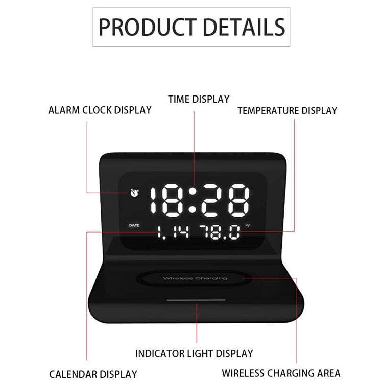 RT1 10W QI Universal Multi-function Mobile Phone Wireless Charger with Alarm Clock & Time / Calen...