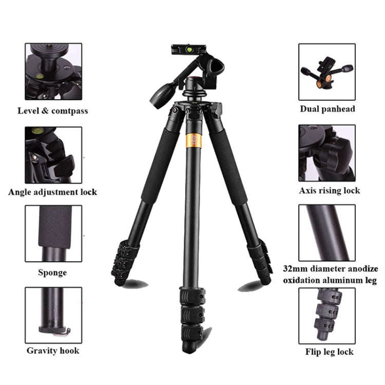 Q620 4-Section Folding Legs Heavy Duty Aluminum Alloy Tripod With Three-Dimensional Damping Tripo...