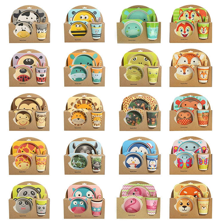 Baby Dish Tableware Set Cartoon Fork Feeding Dishes for Kids Utensils Natural Bamboo Fiber Bowl W...