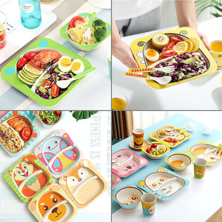 Baby Dish Tableware Set Cartoon Fork Feeding Dishes for Kids Utensils Natural Bamboo Fiber Bowl W...