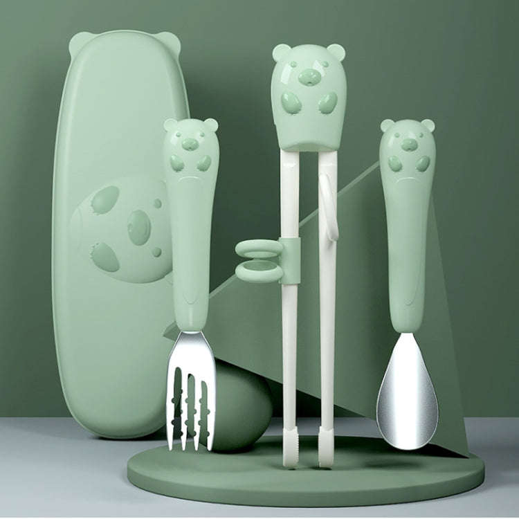 Household Baby Eating Training Chopsticks Spoon Fork Exercise Suit Kids Tableware(Green)