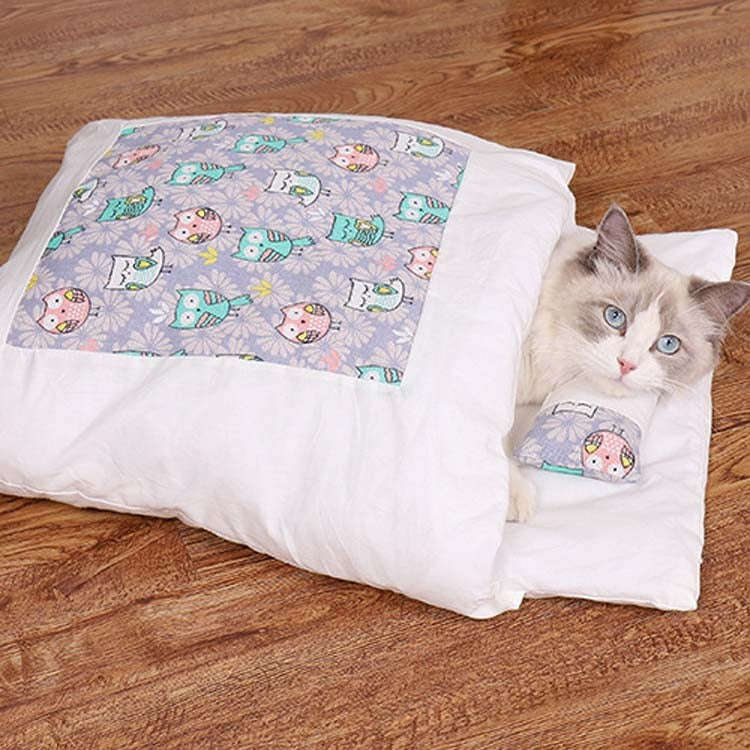 Closed Removable and Washable Cat Litter Sleeping Bag Winter Warm Dog Kennel, Size: M(Purple Owl)