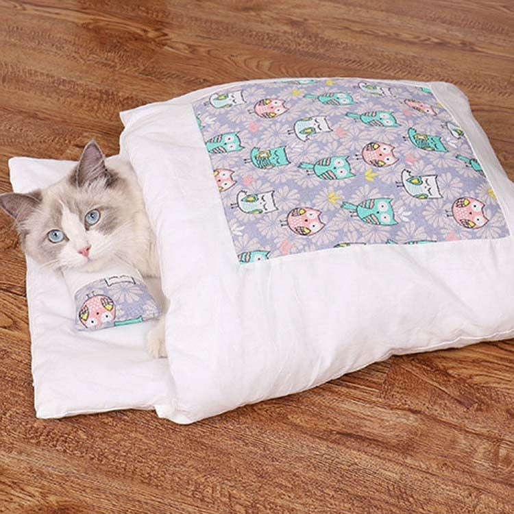 Closed Removable and Washable Cat Litter Sleeping Bag Winter Warm Dog Kennel, Size: M(Purple Owl)