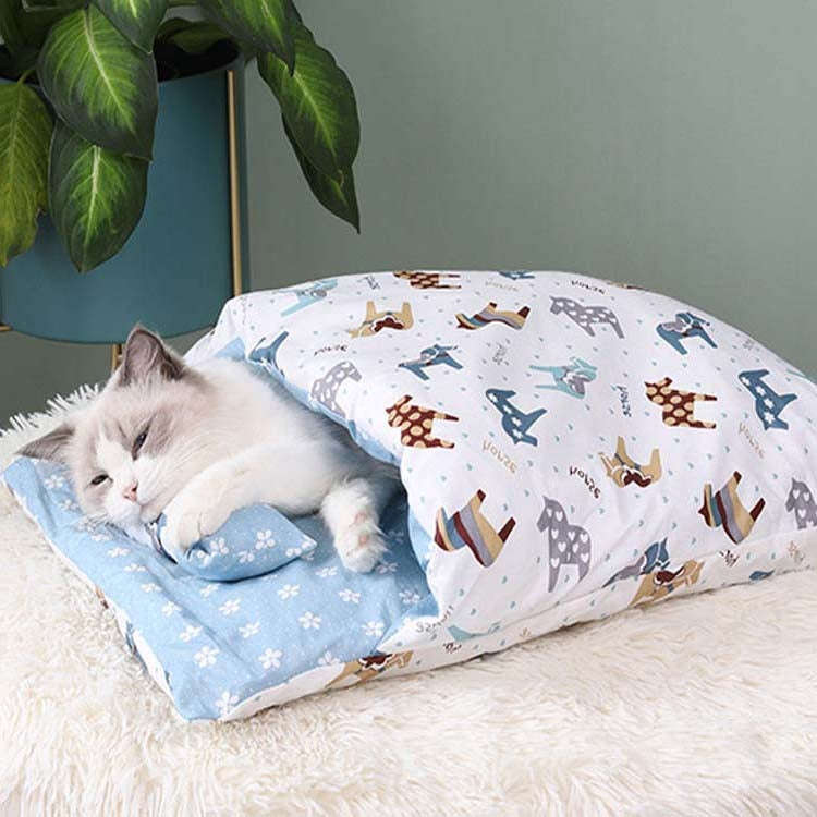 Closed Removable and Washable Cat Litter Sleeping Bag Winter Warm Dog Kennel, Size: L(Blue Pony)