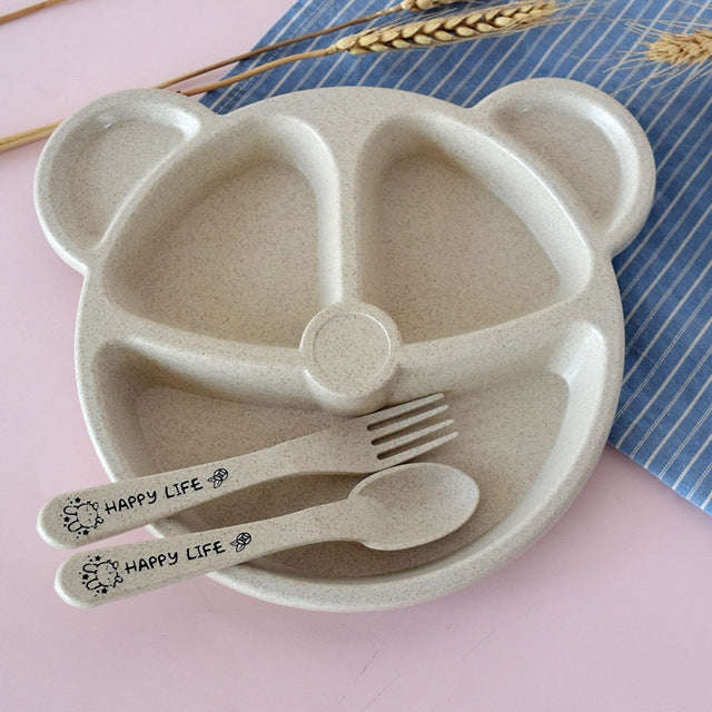 3 PCS/Set Baby Bowl+Spoon+Fork Feeding Food Tableware Cartoon Bear Kids Dishes Eating Dinnerware(...
