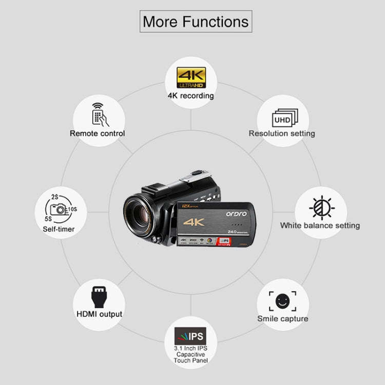 ORDRO AC5 4K HD Night Vision WiFi 12X Optical Zoom Digital Video DV Camera Camcorder, Style:Stand...