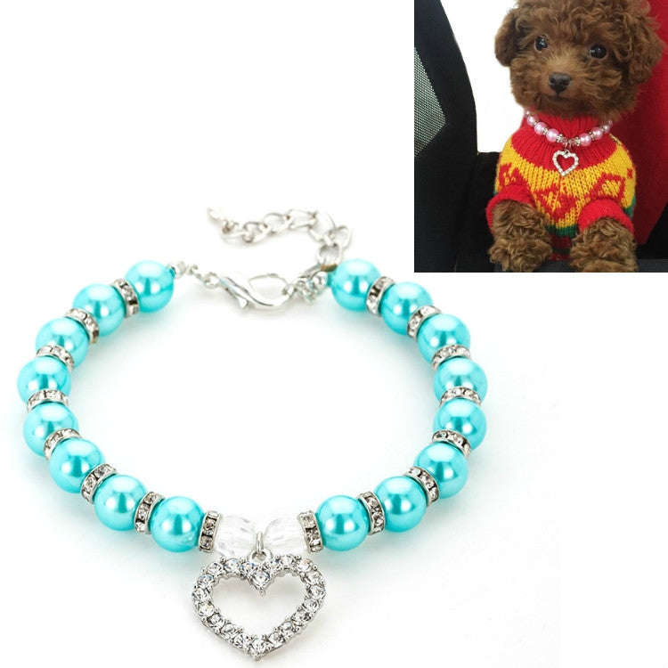Pet Supplies Pearl Necklace Pet Collars Cat and Dog Accessories, Size:L(Lake Blue)