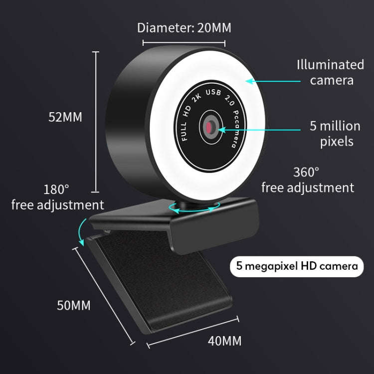 A9mini USB Drive-Free HD Fill Light Camera with Microphone, Pixel: 5.0 Million Pixels 2K Auto Focus