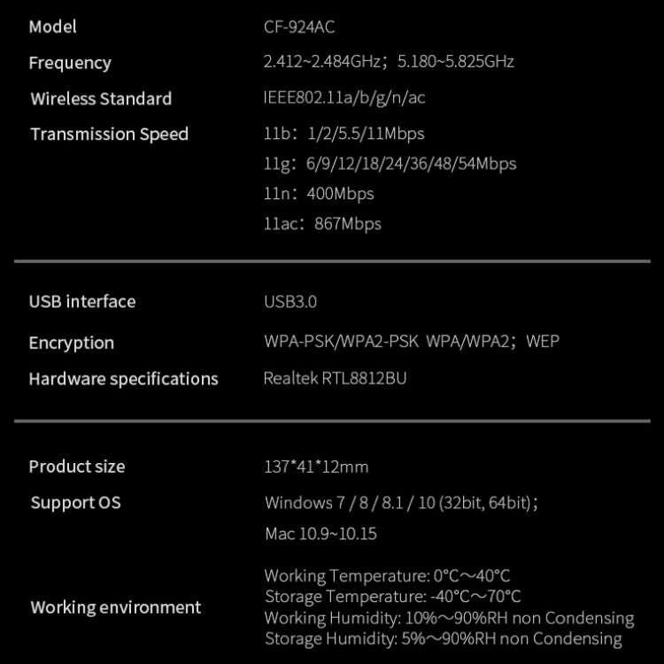 COMFAST CF-924AC V2 1200Mbps Dual Frequency Gigabit USB Computer WIFI Receiver High Power Wireles...