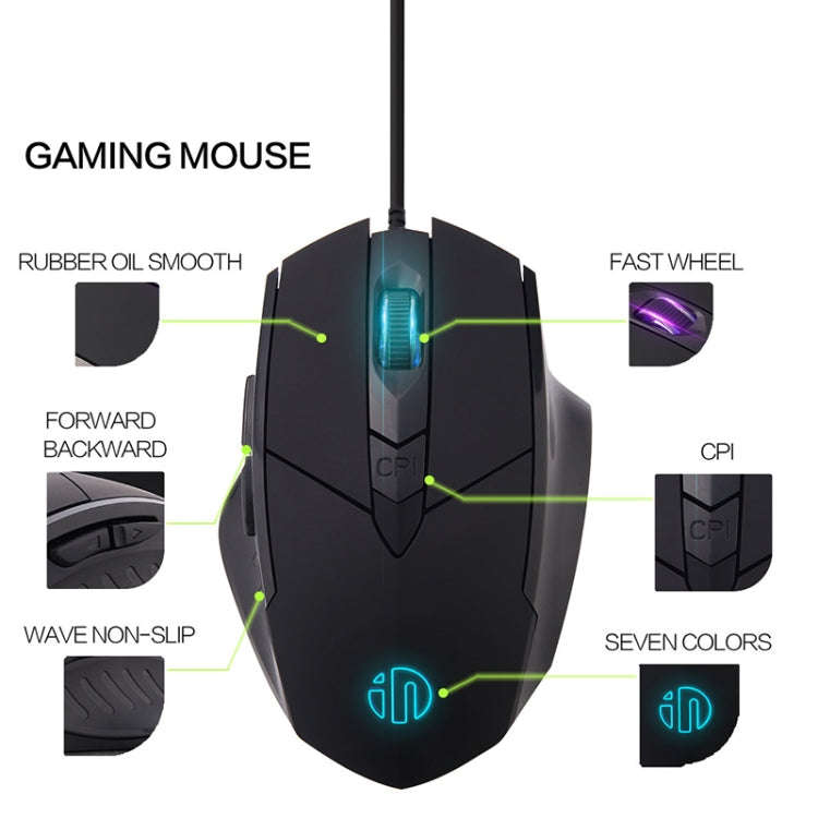 Inphic PW1 Game Mute Macro Definition Illuminated Wired Mouse, Cable Length: 1.5m(Black Game Vers...