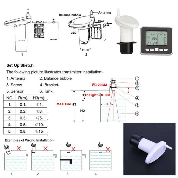 TS-FT002 Multifunctional Ultrasonic Electronic Water Tank Level Gauge With Indoor Temperature The...