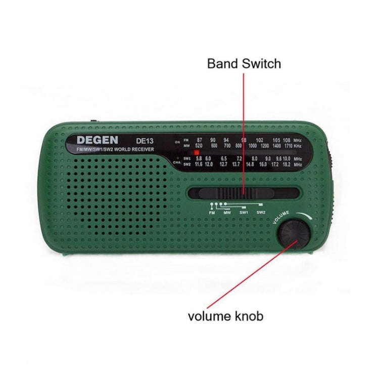 DE13 Hand-Cranked Power Full Band Solar Charging Emergency Outdoor Radio(Green)