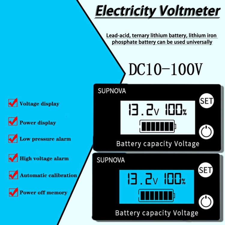 SUPNOVA DC 8-100V Battery Capacity Indicator Voltmeter Voltage Gauge,Style: White + Alarm + Tempe...
