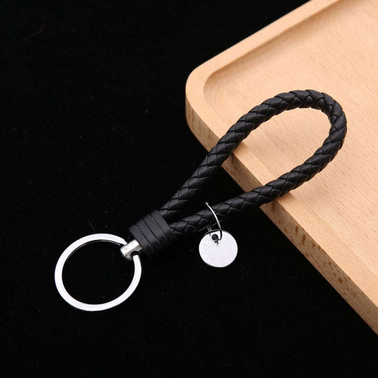 Woven Leather Cord Keychain Car Pendant Leather Key Ring Baotou With Small Round Piece(Black)