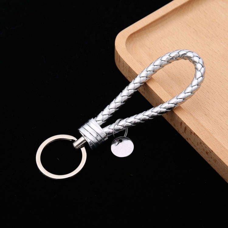 Woven Leather Cord Keychain Car Pendant Leather Key Ring Baotou With Small Round Piece(Silver)