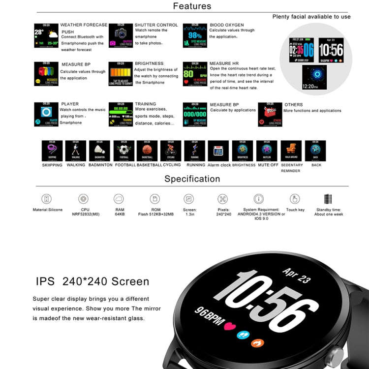 V11 Smartwatch Real-time Heart Rate Blood Pressure Monitor Multi-sport mode Breathing Light Smart...