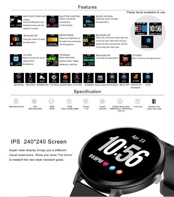 V11 Smartwatch Real-time Heart Rate Blood Pressure Monitor Multi-sport mode Breathing Light Smart...