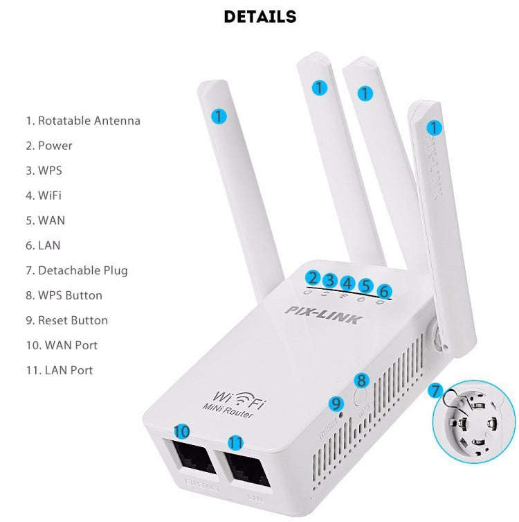PIX-LINK LV-WR09 300Mbps WiFi Range Extender Repeater Mini Router(US Pulg)