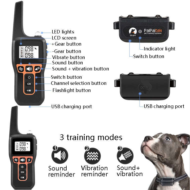 PaiPaitek PD529V-1 Training Dog Anti-Barking Device Vibration Collar 1000M Remote Control Distanc...